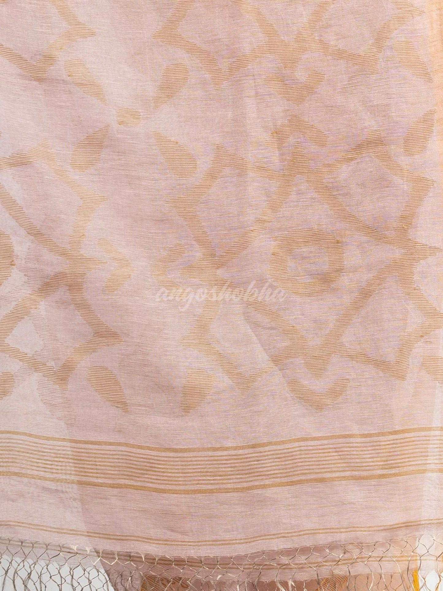 Beige linen tissue pallu jamdani temple border handwoven saree 