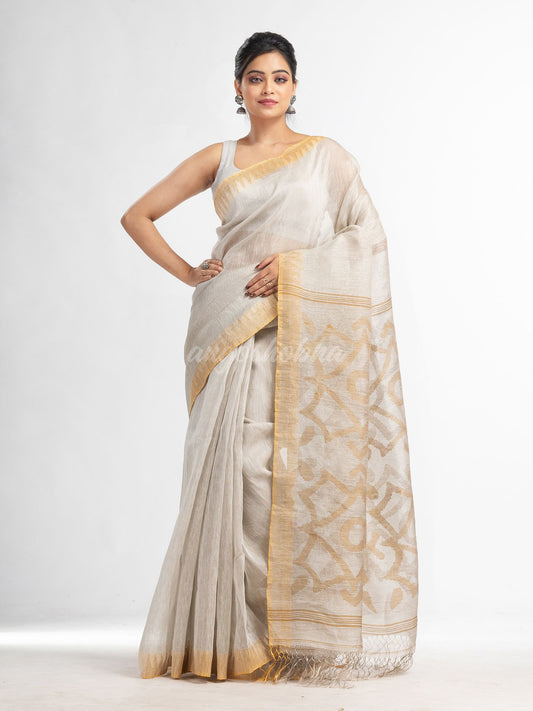 Off white linen tissue pallu jamdani temple border handwoven saree