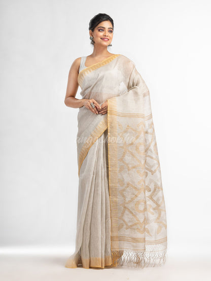 Off white linen tissue pallu jamdani temple border handwoven saree