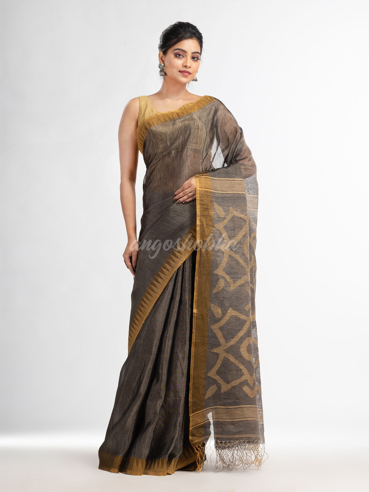 Grey linen tissue pallu jamdani temple border handwoven saree