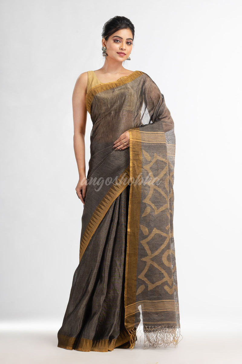 Grey linen tissue pallu jamdani temple border handwoven saree