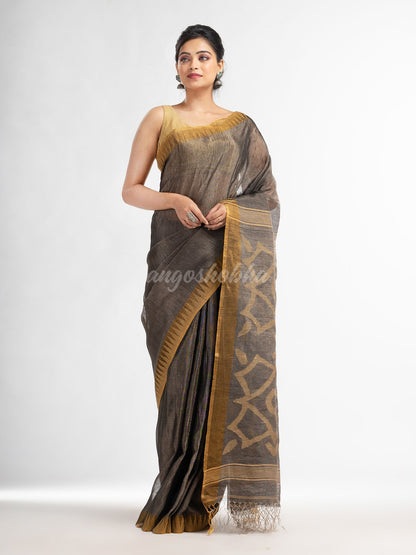 Grey linen tissue pallu jamdani temple border handwoven saree