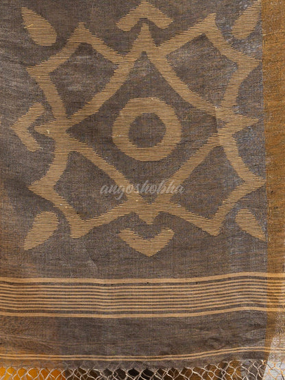 Grey linen tissue pallu jamdani temple border handwoven saree