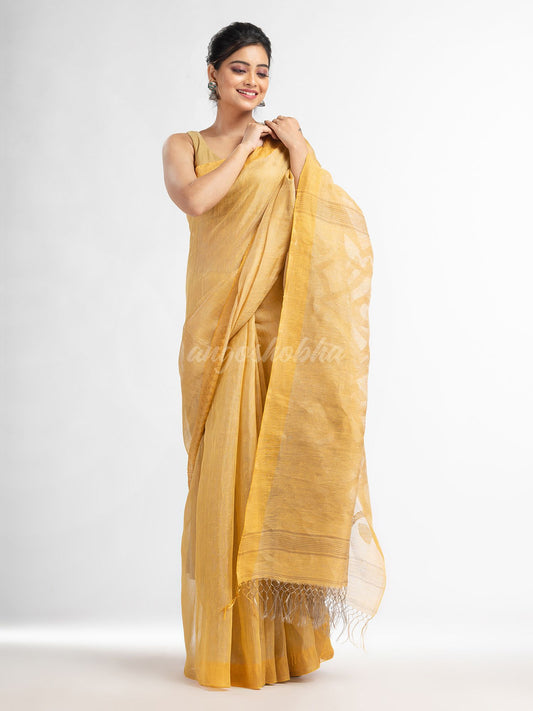 muga linen tissue pallu jamdani temple border handwoven saree