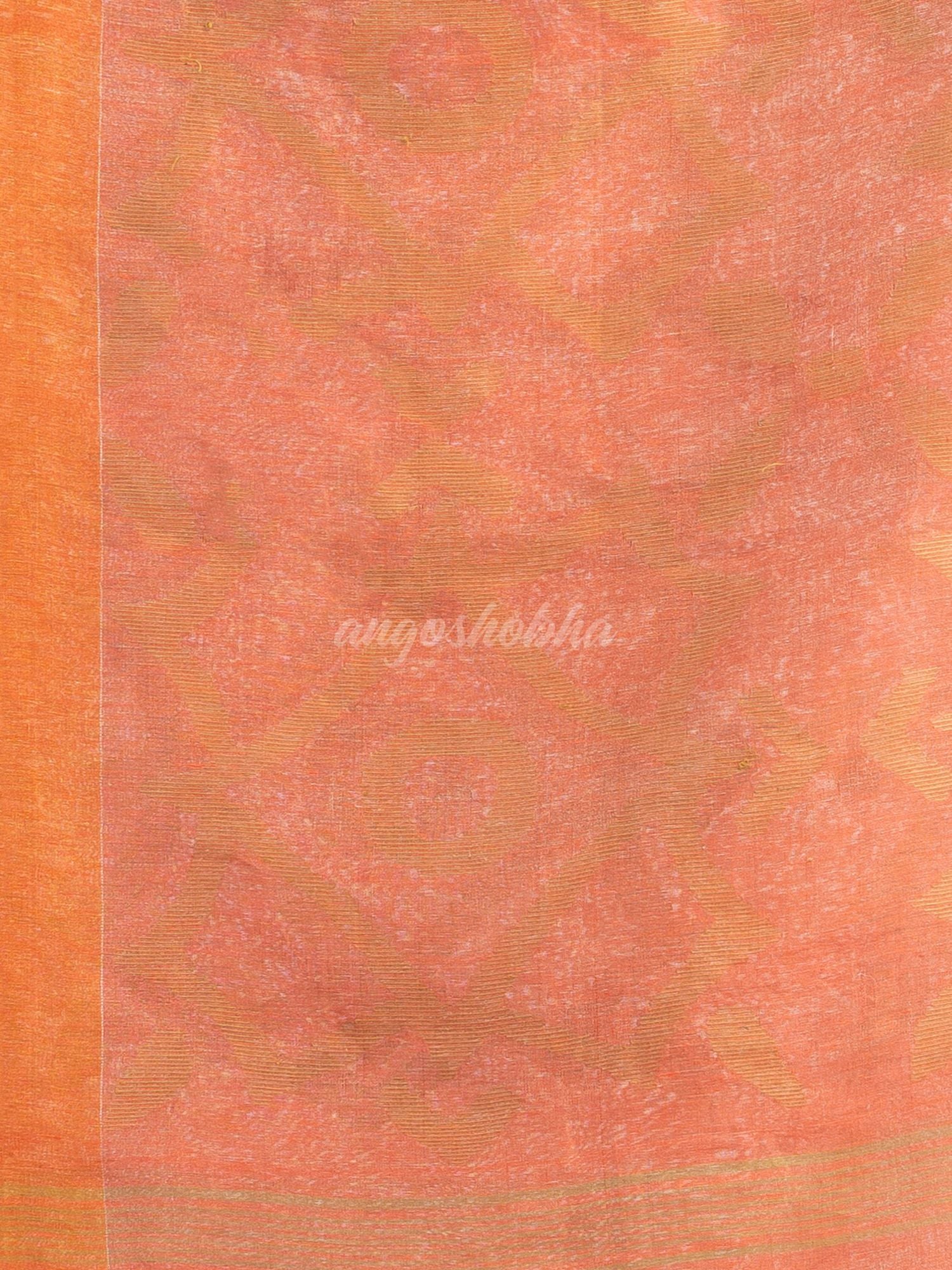 Peach linen tissue pallu jamdani temple border handwoven saree