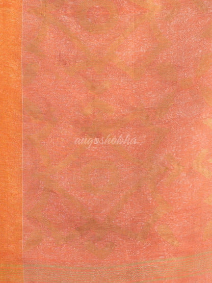 Peach linen tissue pallu jamdani temple border handwoven saree
