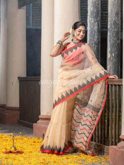 Cream Blend Silk All Body Buti Temple Border With Pallu Jacquard Jamdani Saree