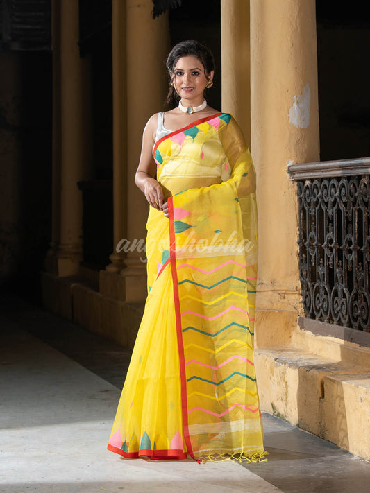 Yellow Blend Silk All Body Buti Temple Border With Pallu Jacquard Jamdani Saree