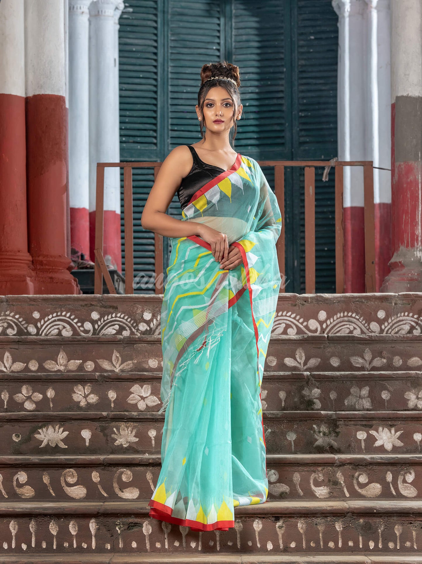 Firozi Blend Silk All Body Buti Temple Border With Pallu Jacquard Jamdani Saree