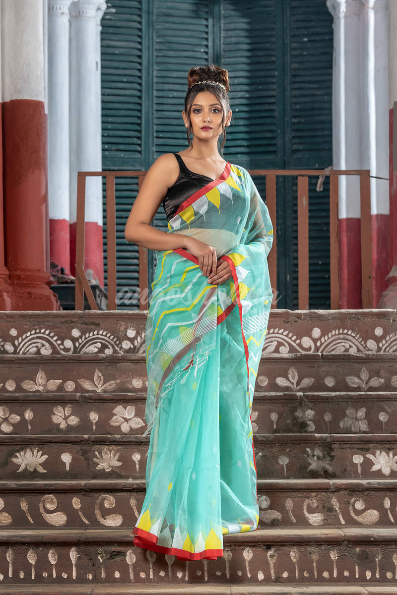 Firozi Blend Silk All Body Buti Temple Border With Pallu Jacquard Jamdani Saree