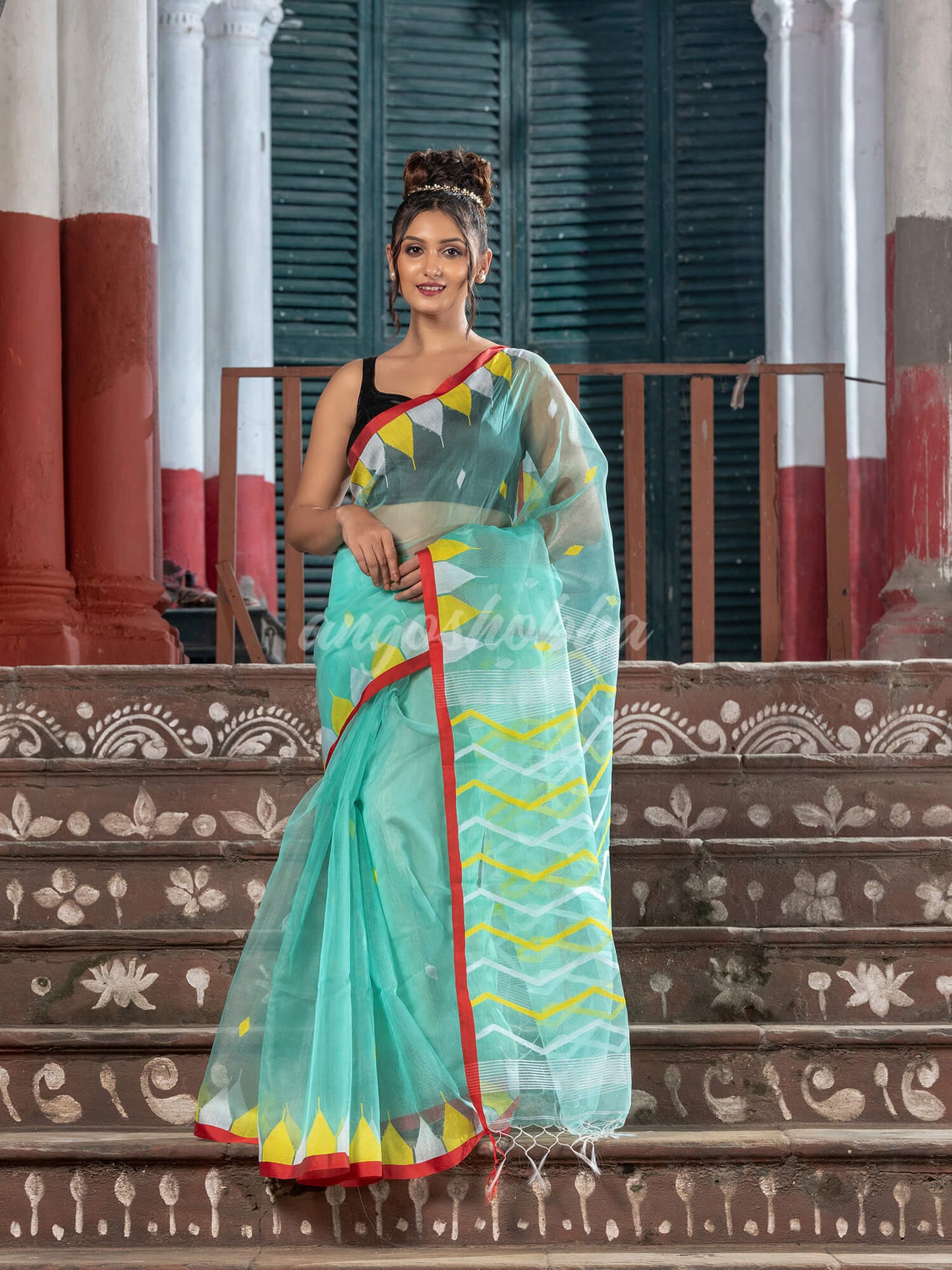 Firozi Blend Silk All Body Buti Temple Border With Pallu Jacquard Jamdani Saree