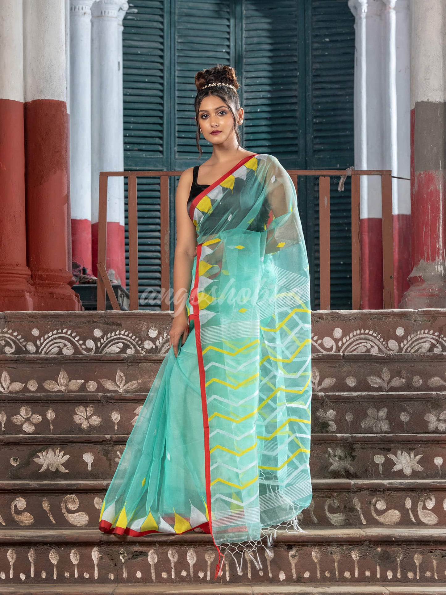 Firozi Blend Silk All Body Buti Temple Border With Pallu Jacquard Jamdani Saree