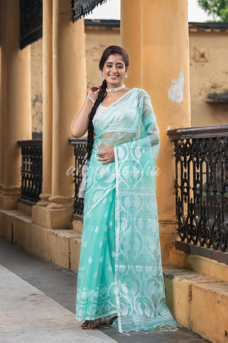 Firozi Blend Silk Muslin Jacquard Jamdani Saree