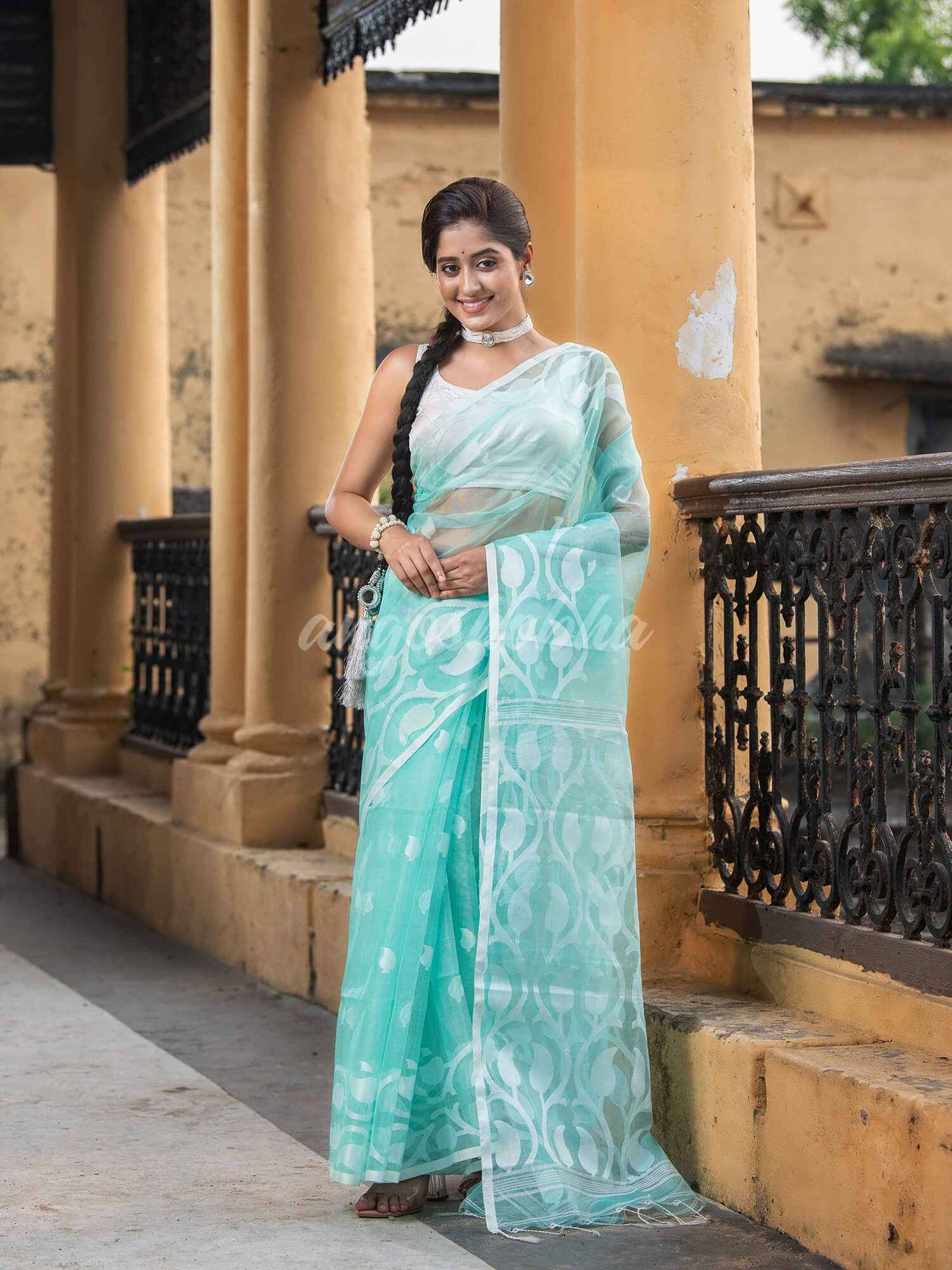 Firozi Blend Silk Muslin Jacquard Jamdani Saree