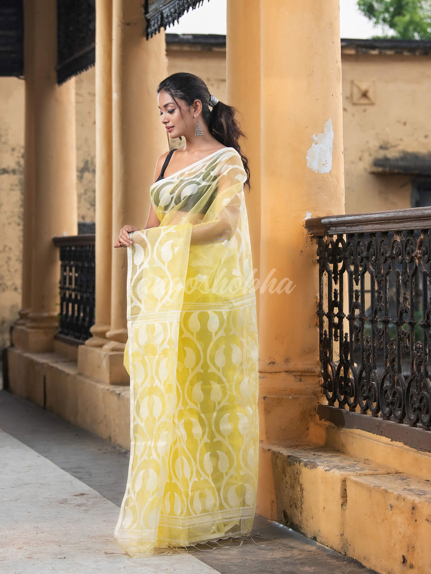 Yellow Blend Silk Muslin Jacquard Jamdani Saree