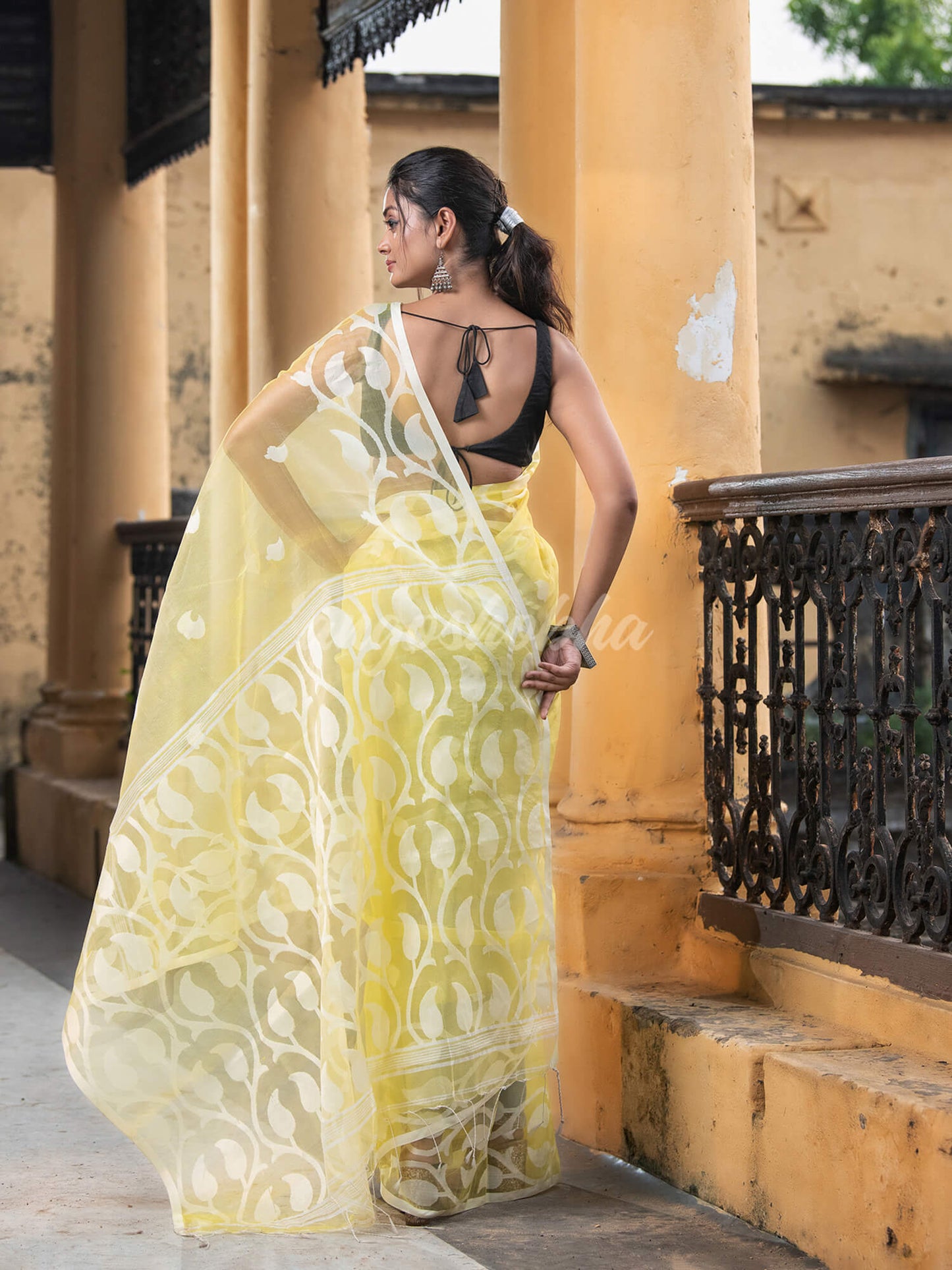 Yellow Blend Silk Muslin Jacquard Jamdani Saree