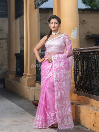 Pink Blend Silk Muslin Jacquard Jamdani Saree