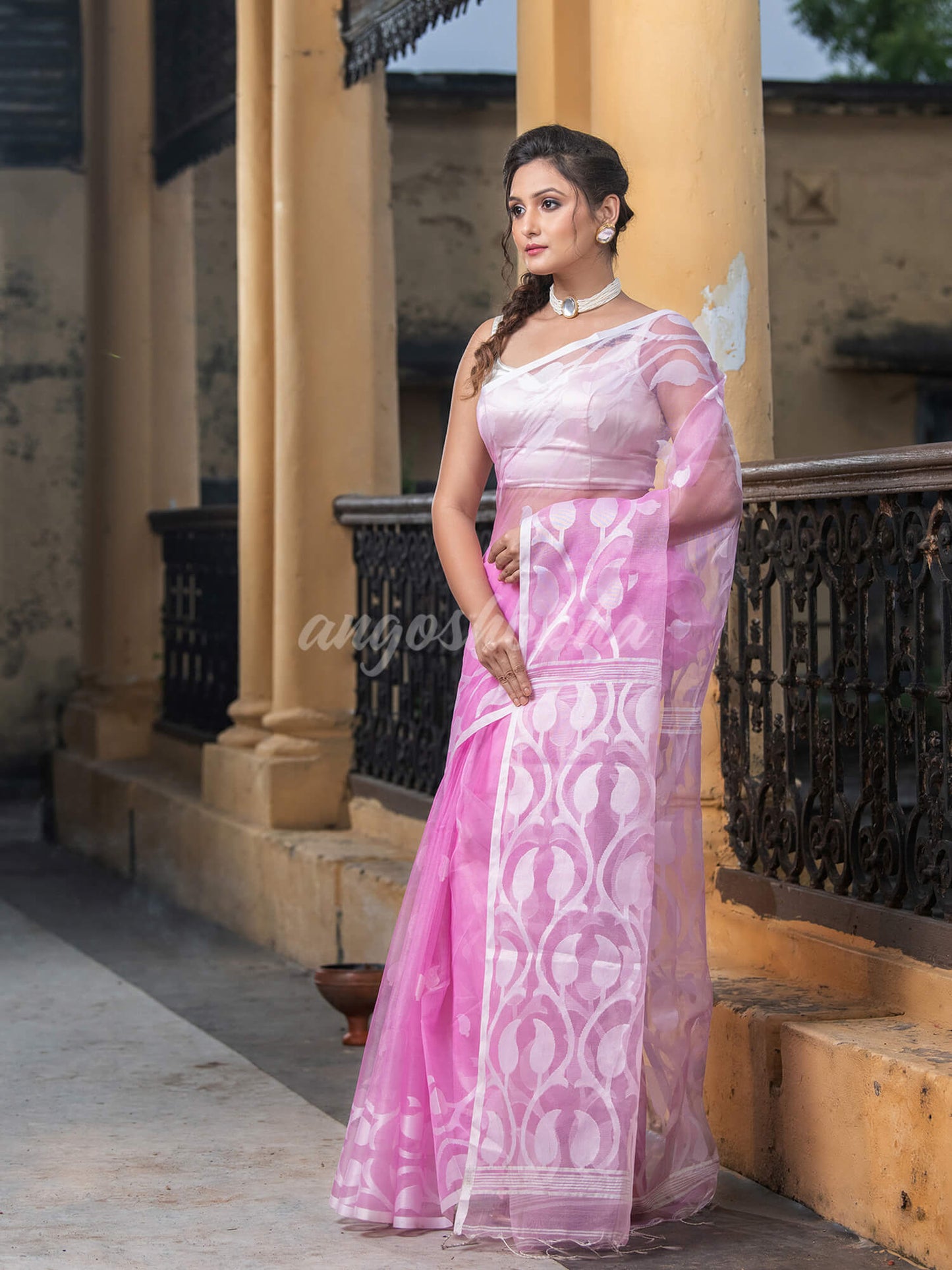 Pink Blend Silk Muslin Jacquard Jamdani Saree