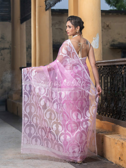 Pink Blend Silk Muslin Jacquard Jamdani Saree