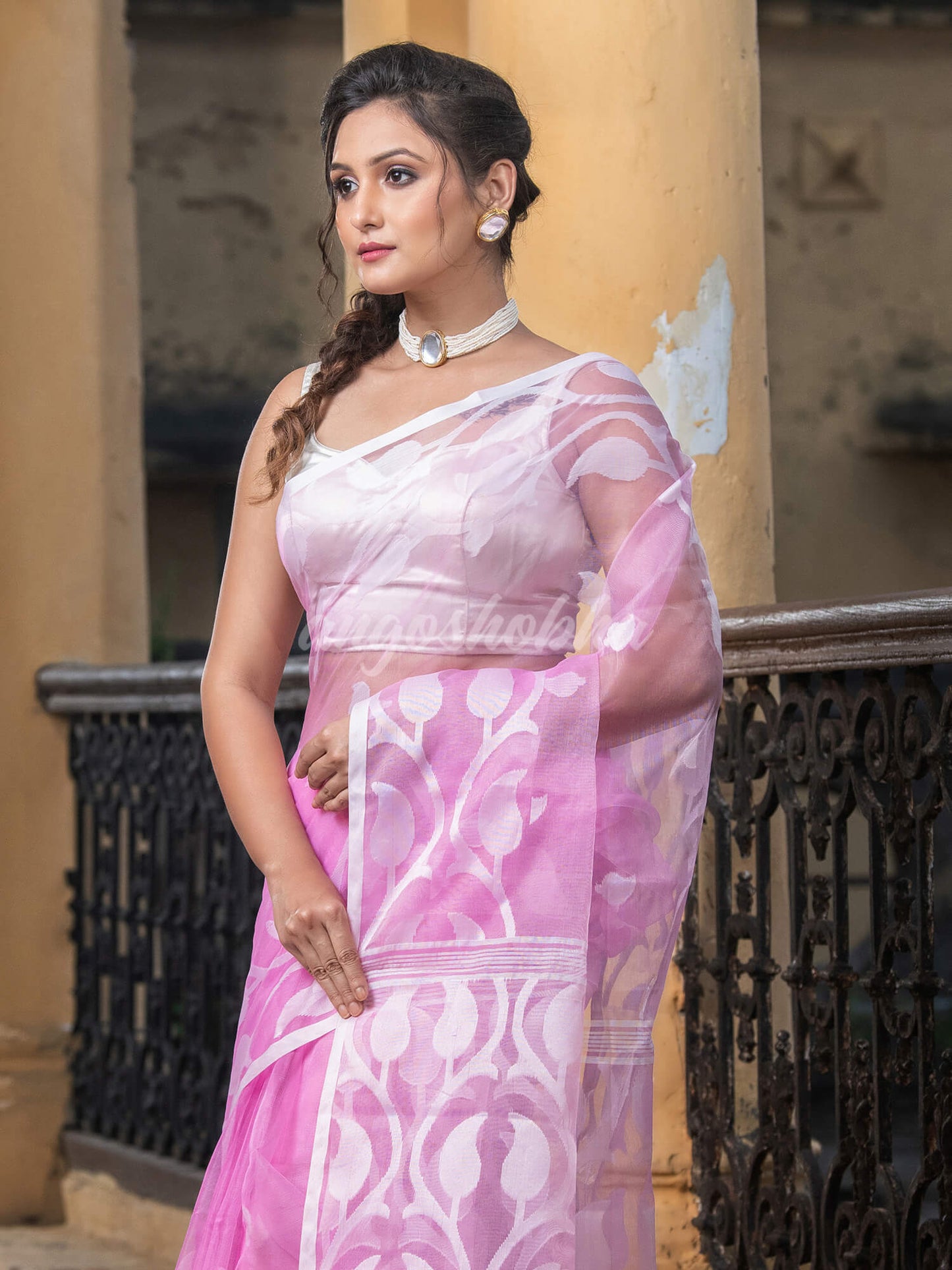 Pink Blend Silk Muslin Jacquard Jamdani Saree