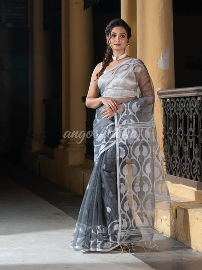 Grey Blend Silk Muslin Jacquard Jamdani Saree