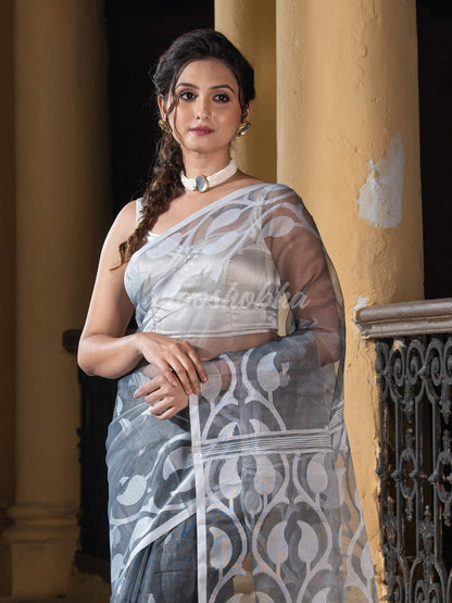 Grey Blend Silk Muslin Jacquard Jamdani Saree