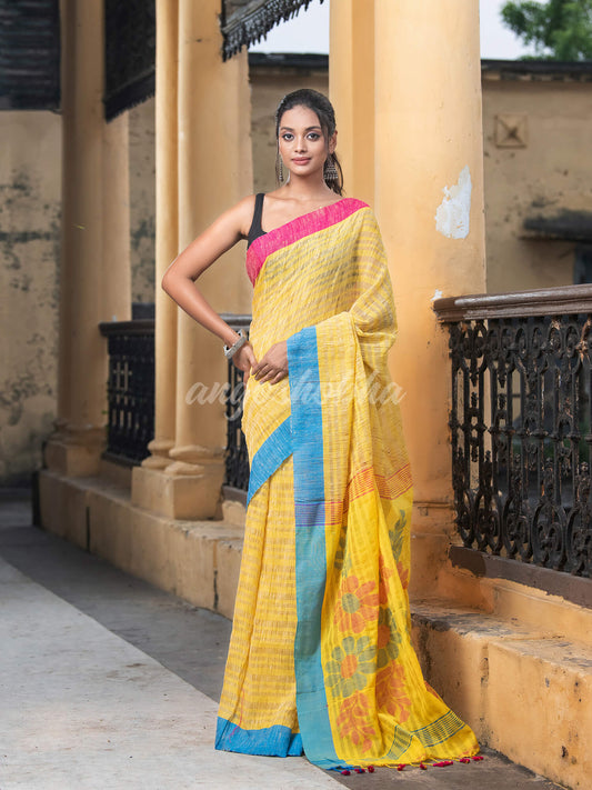 Zinc Yellow Cotton Ghicha Ganga Yamuna Border Jamdani Saree