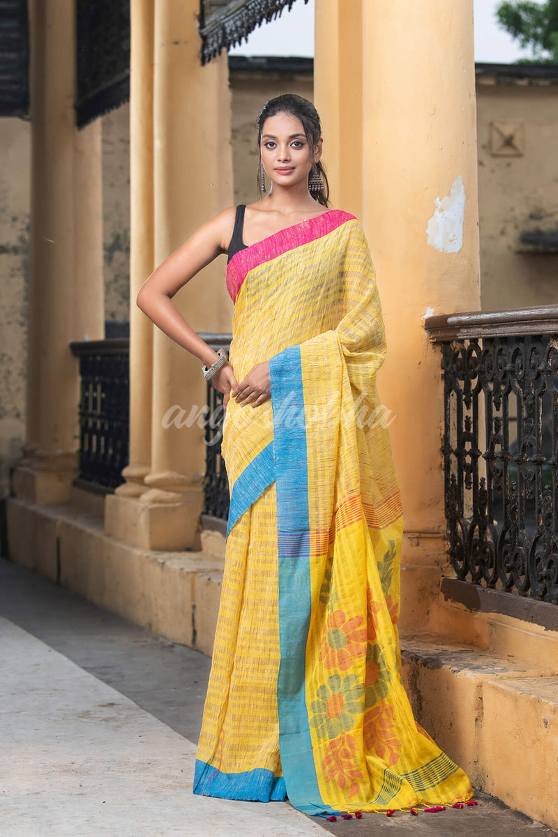 Zinc Yellow Cotton Ghicha Ganga Yamuna Border Jamdani Saree