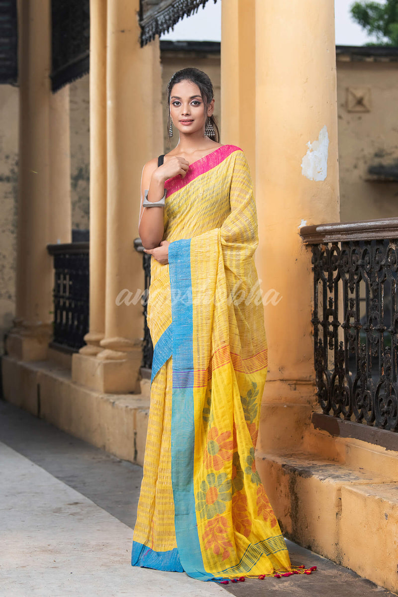 Zinc Yellow Cotton Ghicha Ganga Yamuna Border Jamdani Saree
