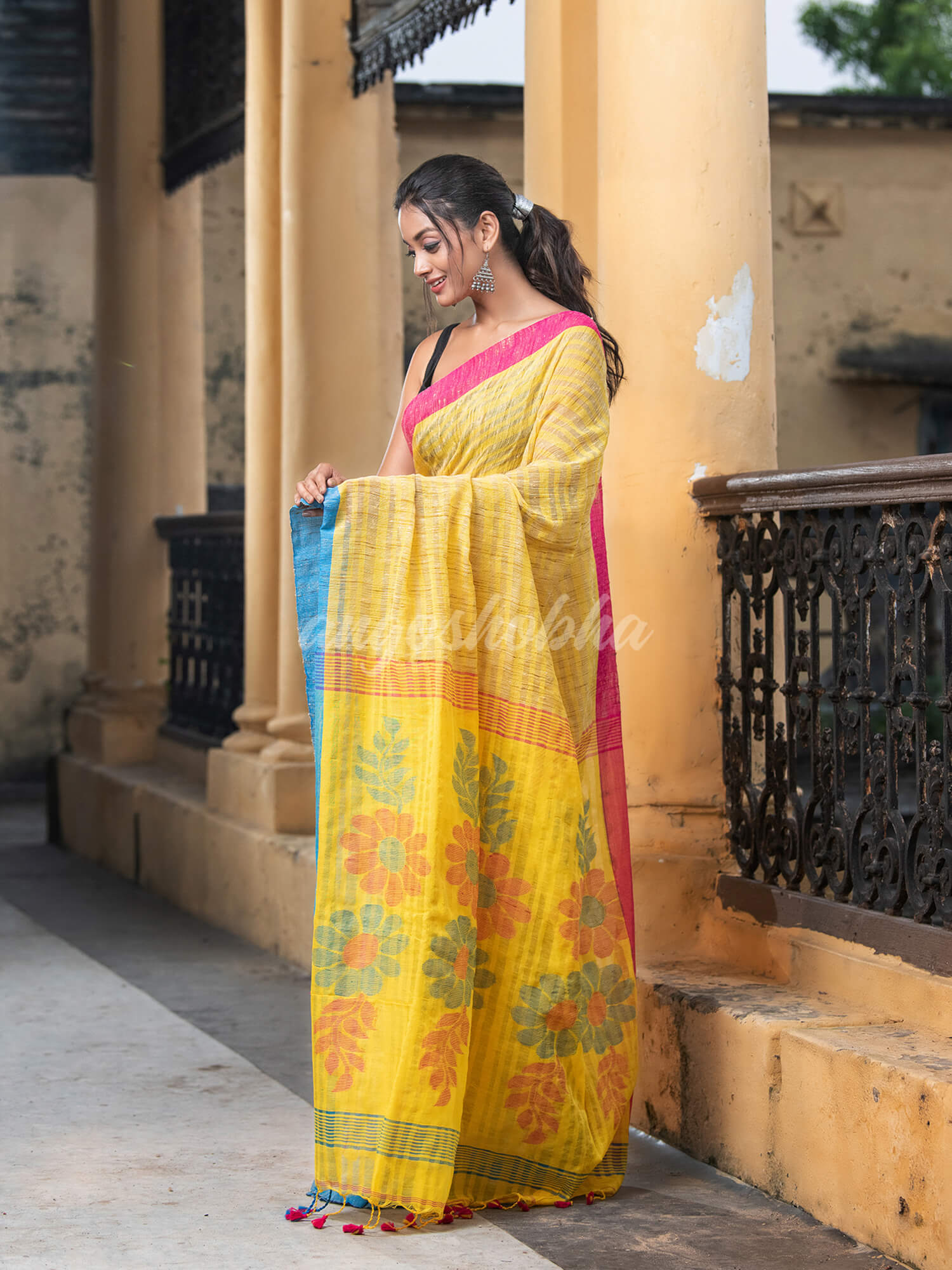 Zinc Yellow Cotton Ghicha Ganga Yamuna Border Jamdani Saree