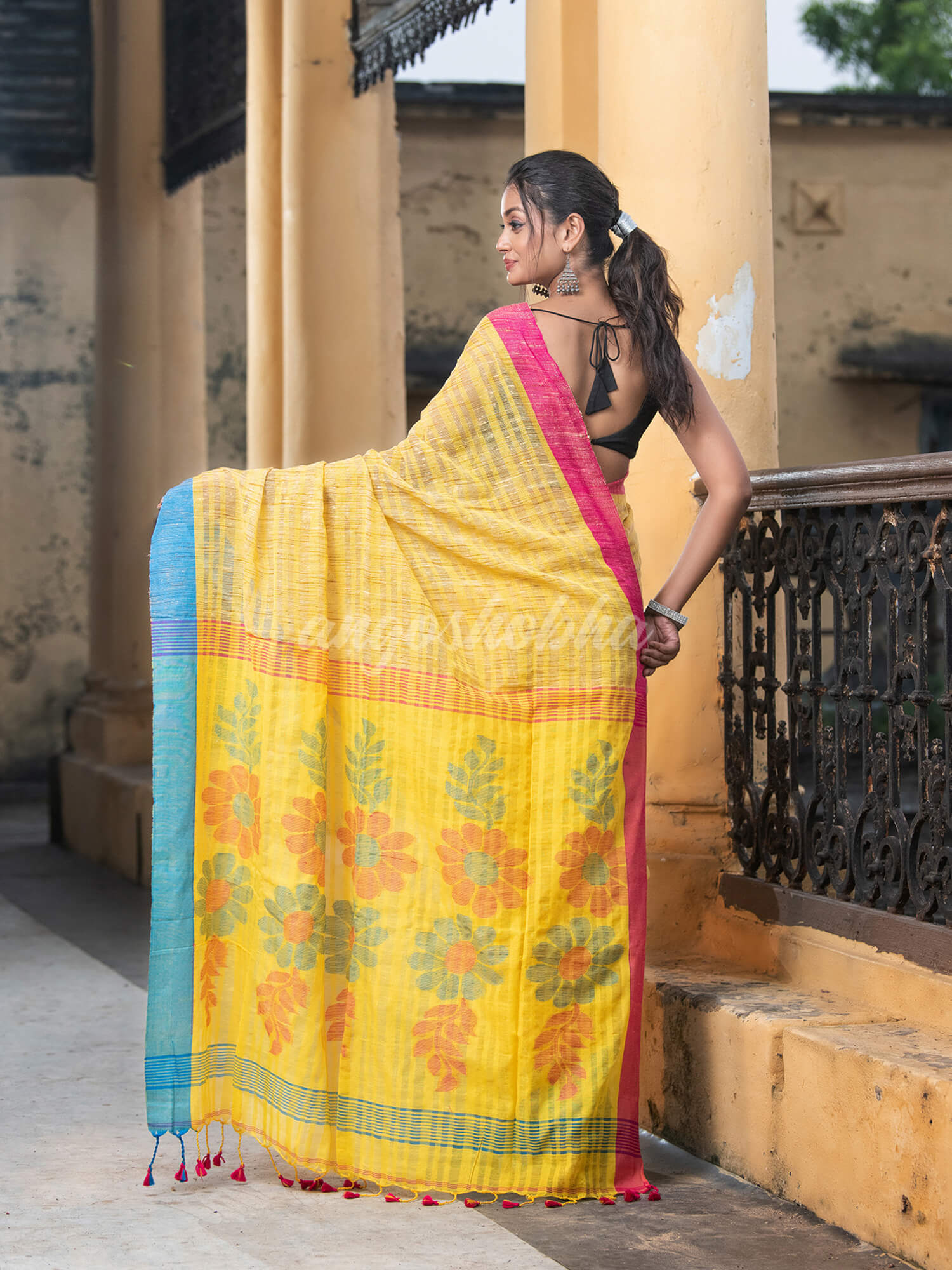 Zinc Yellow Cotton Ghicha Ganga Yamuna Border Jamdani Saree