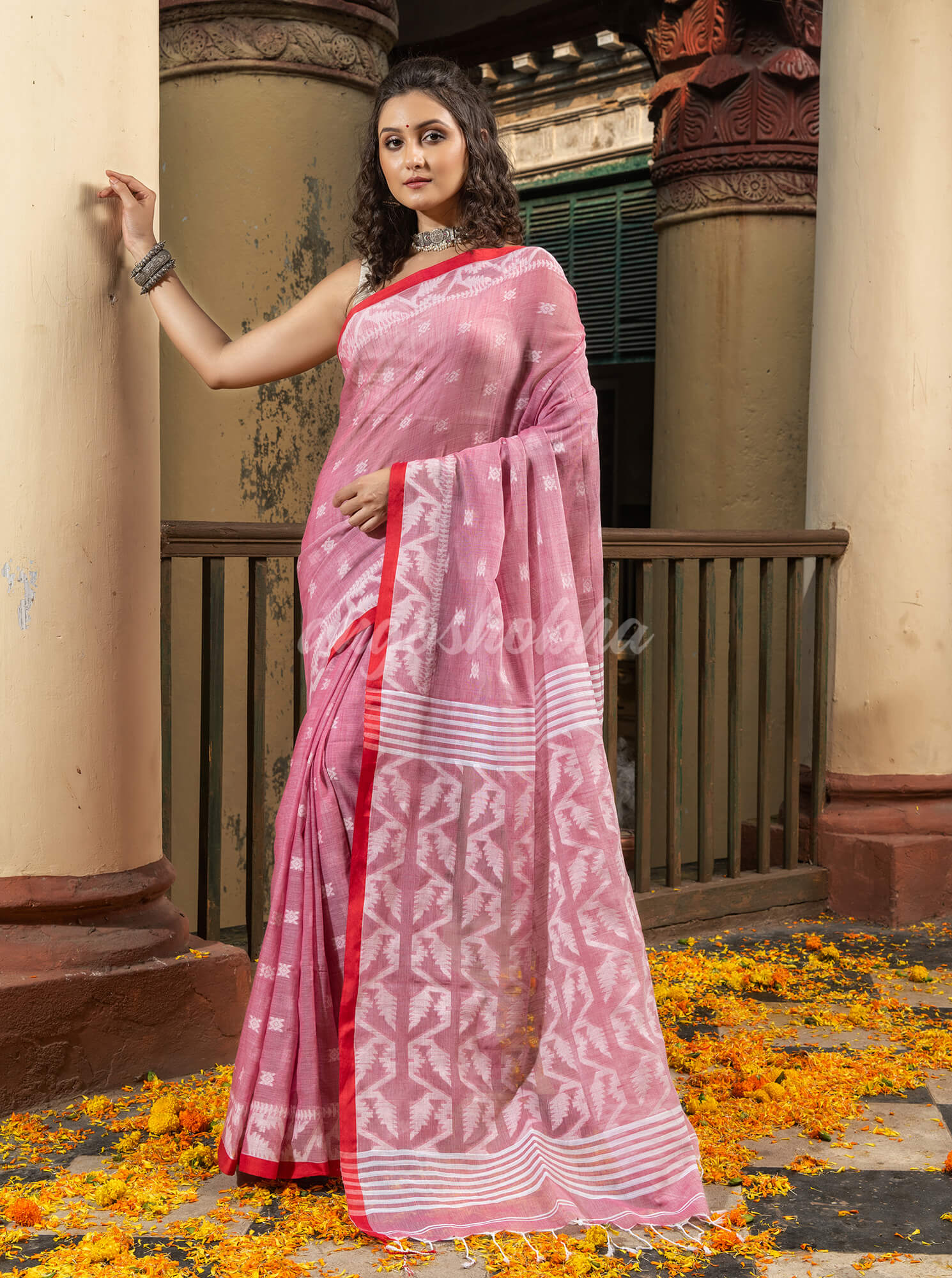 Mauve Cotton All Body Buti Red Border With Pallu Jacquard Jamdani Saree