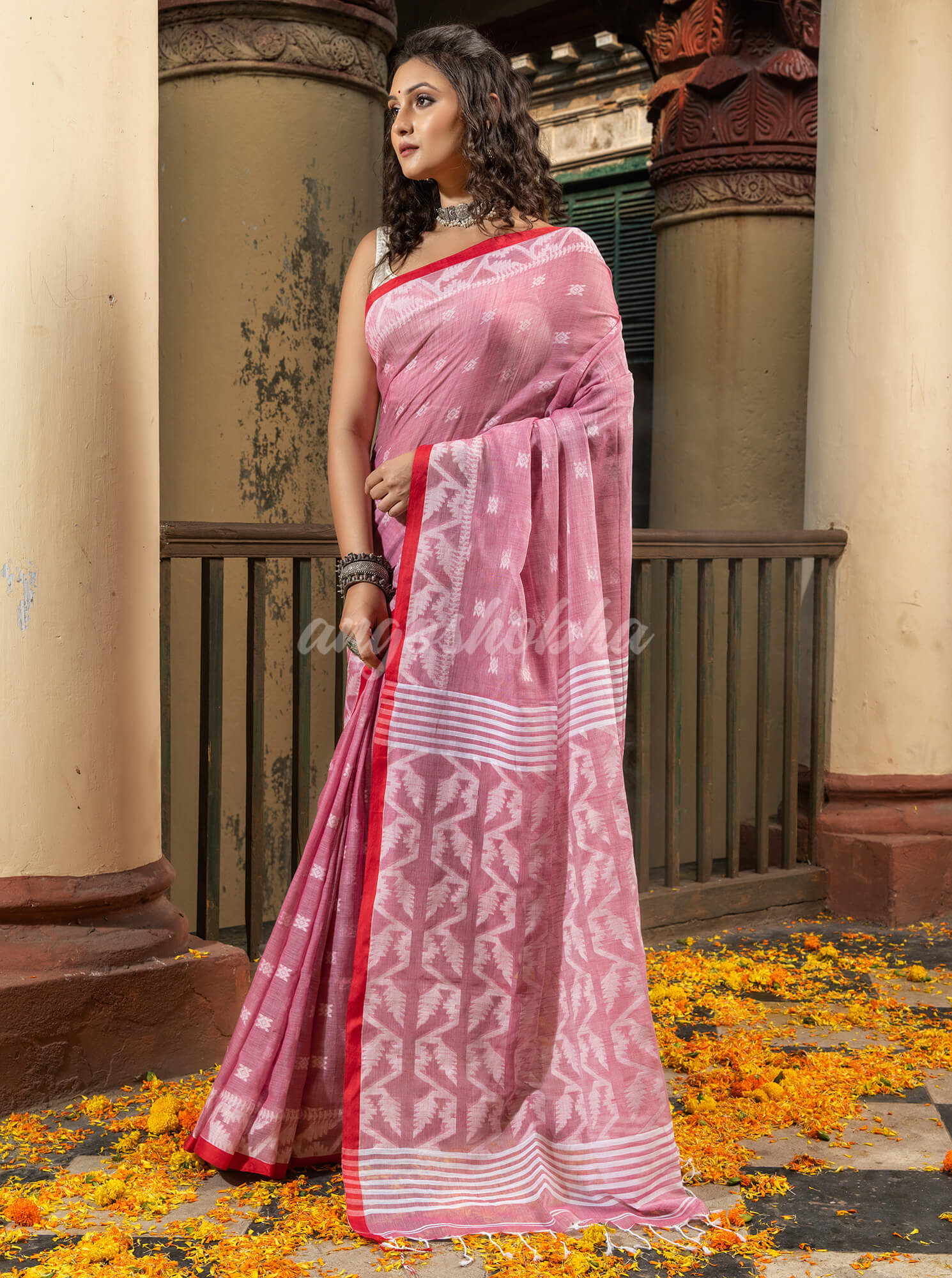 Mauve Cotton All Body Buti Red Border With Pallu Jacquard Jamdani Saree