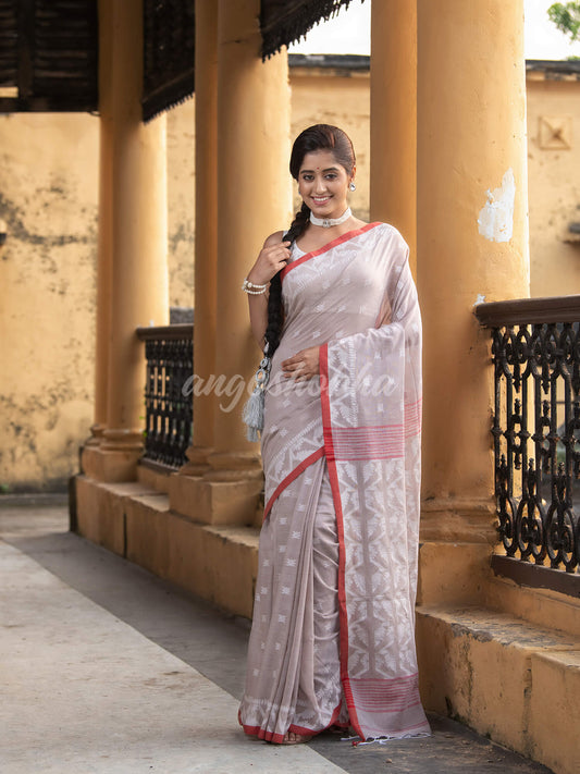 Mocha Cotton All Body Buti Red Border With Pallu Jacquard Jamdani Saree