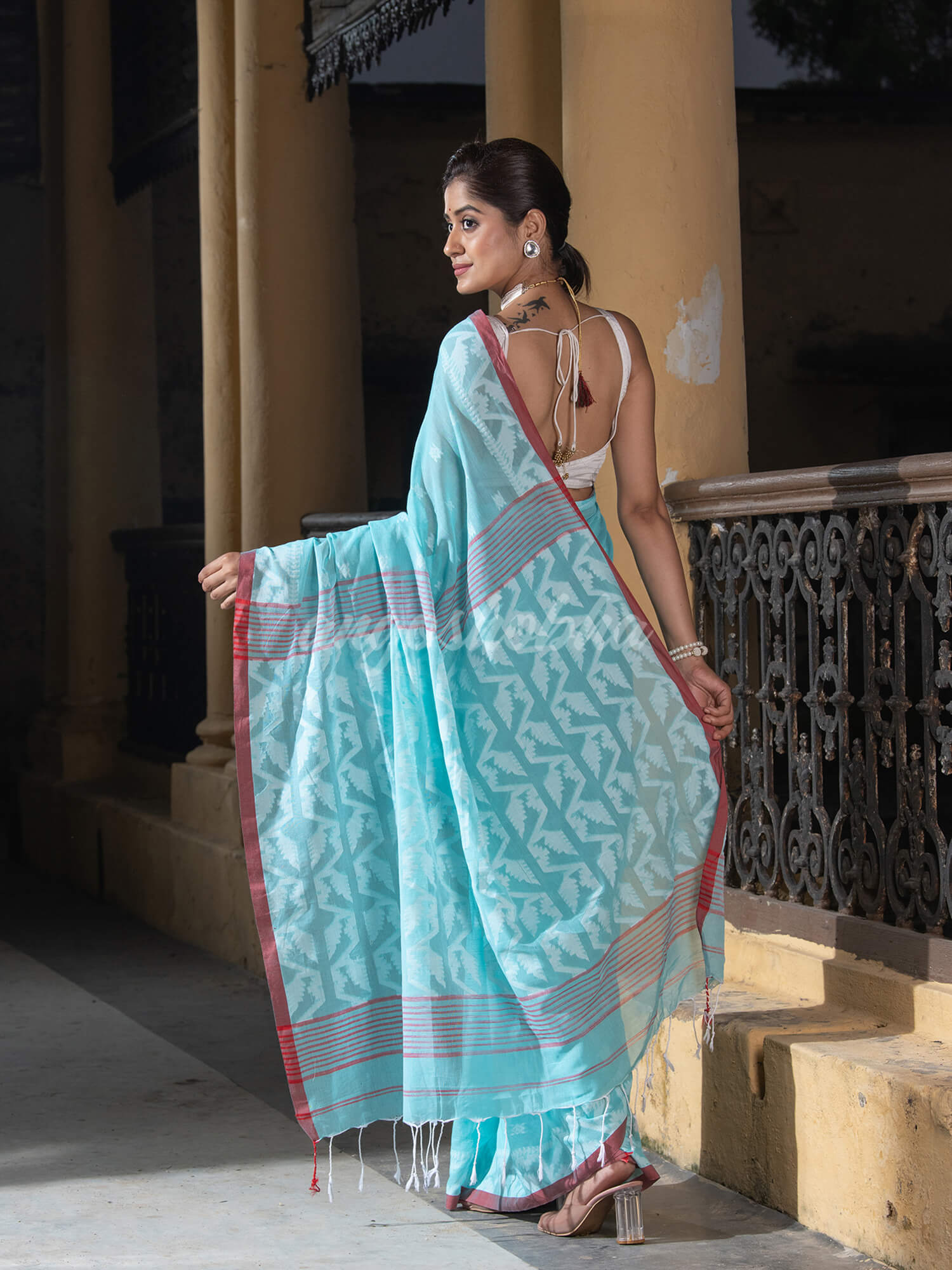 Firozi Cotton All Body Buti Red Border With Pallu Jacquard Jamdani Saree