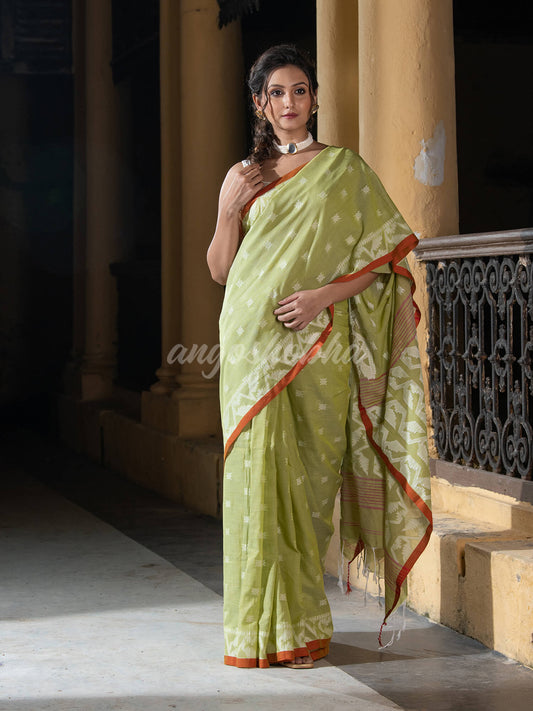 Lemon Cotton All Body Buti Red Border With Pallu Jacquard Jamdani Saree