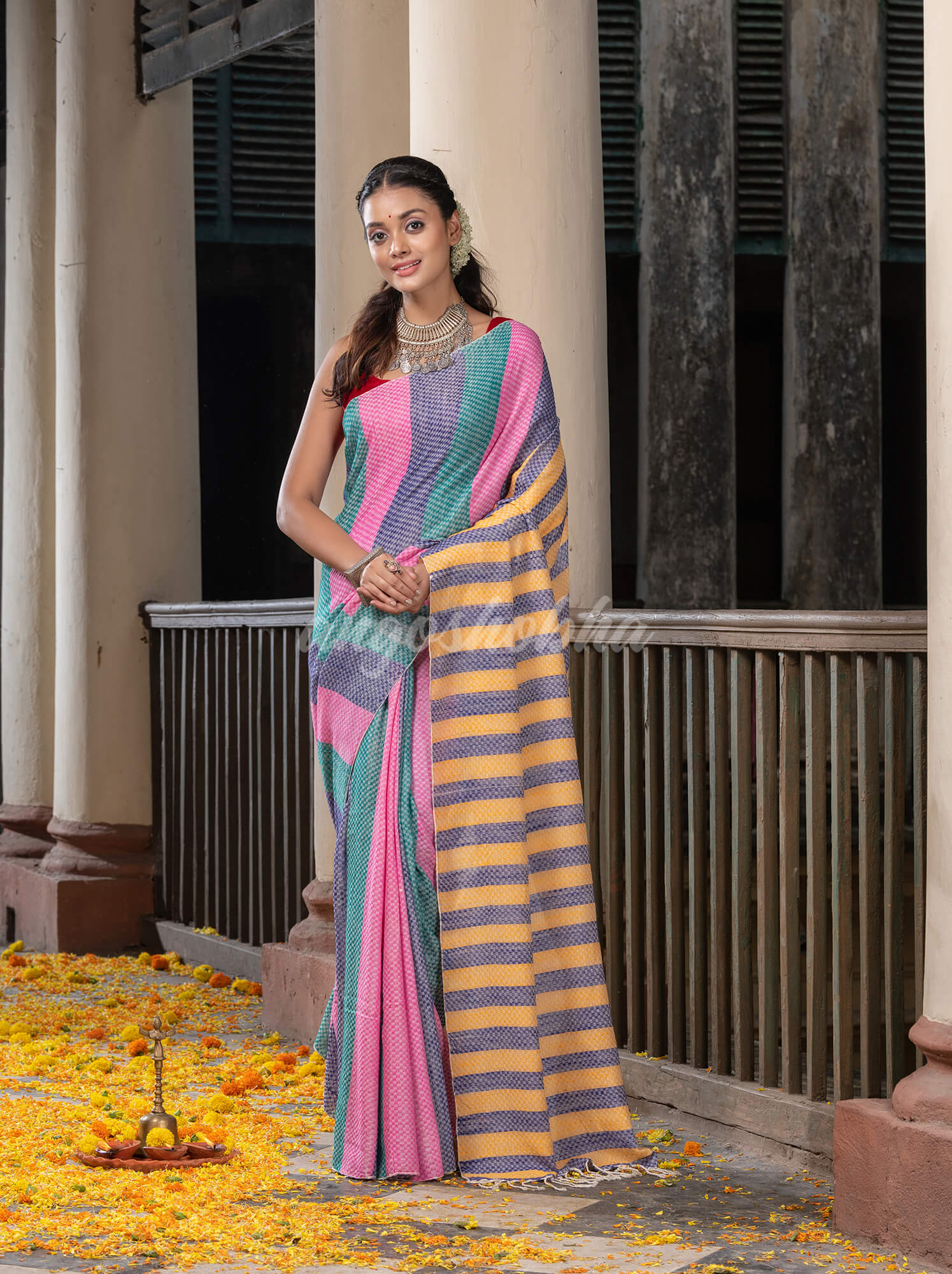 Multi Colour Stripe Cotton Handloom Saree