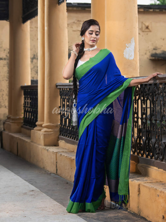 Blue Cotton Solid Border With Jacquard Pallu Handloom Saree