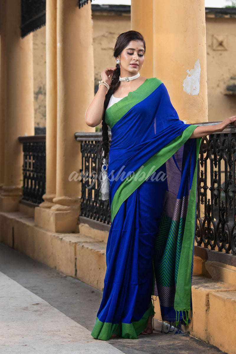 Blue Cotton Solid Border With Jacquard Pallu Handloom Saree