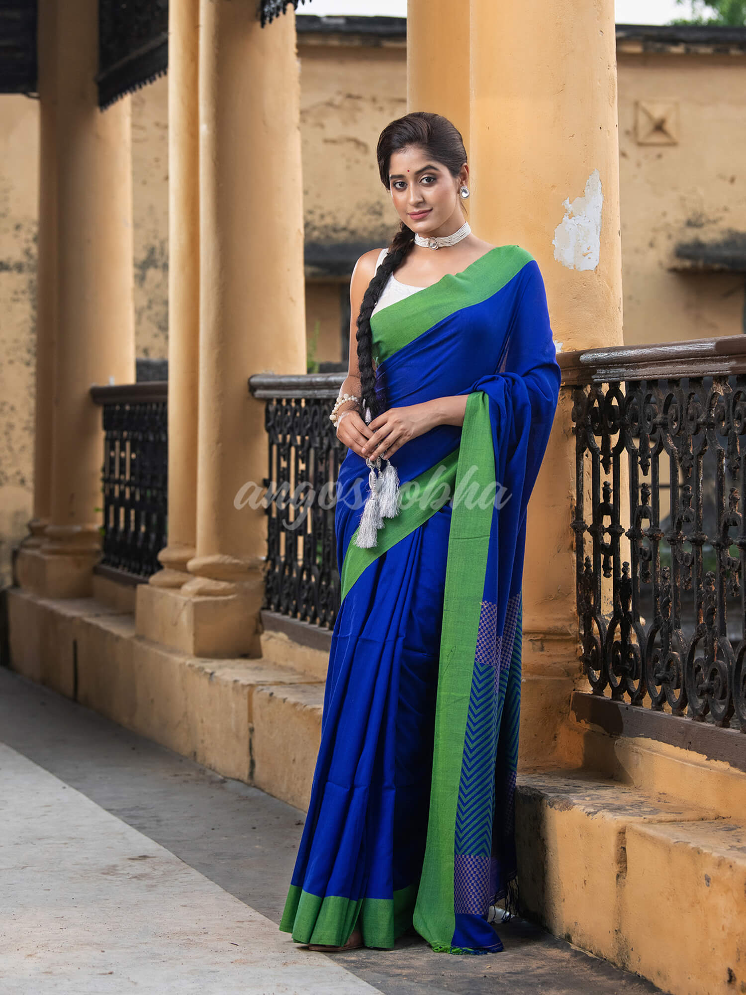 Blue Cotton Solid Border With Jacquard Pallu Handloom Saree