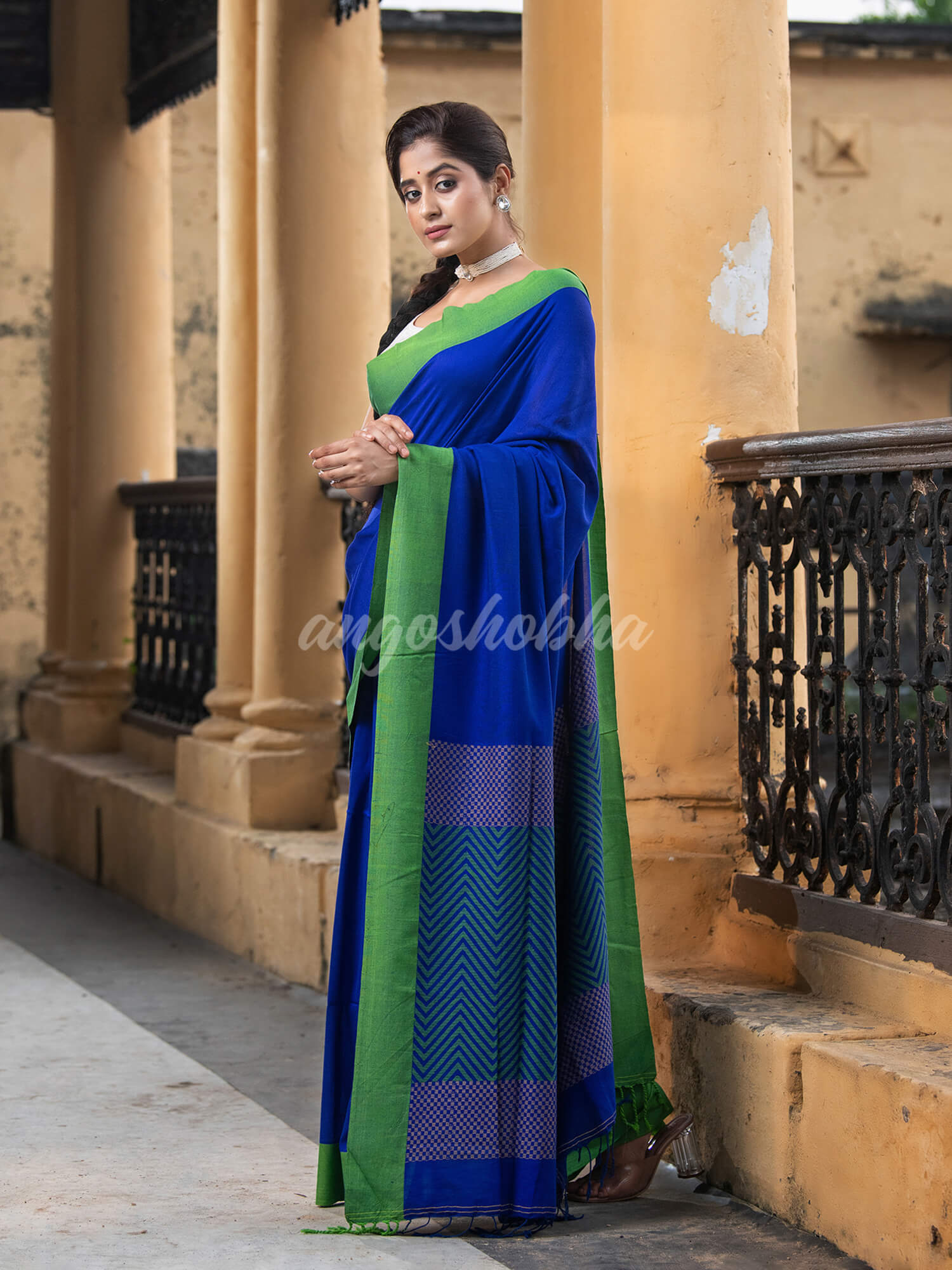 Blue Cotton Solid Border With Jacquard Pallu Handloom Saree