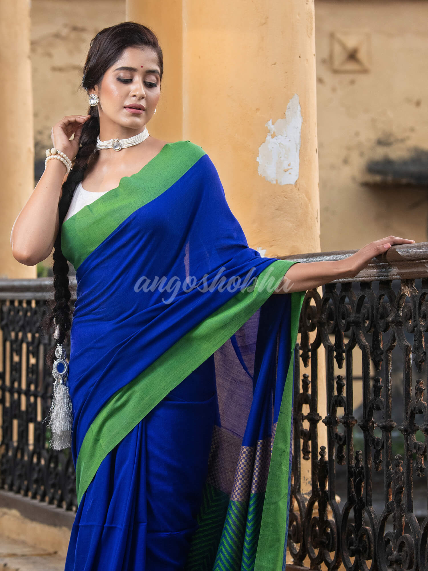 Blue Cotton Solid Border With Jacquard Pallu Handloom Saree