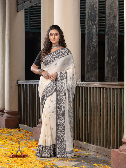 White Cotton All Body Buti Black Jacquard Border With Pallu Handloom Saree