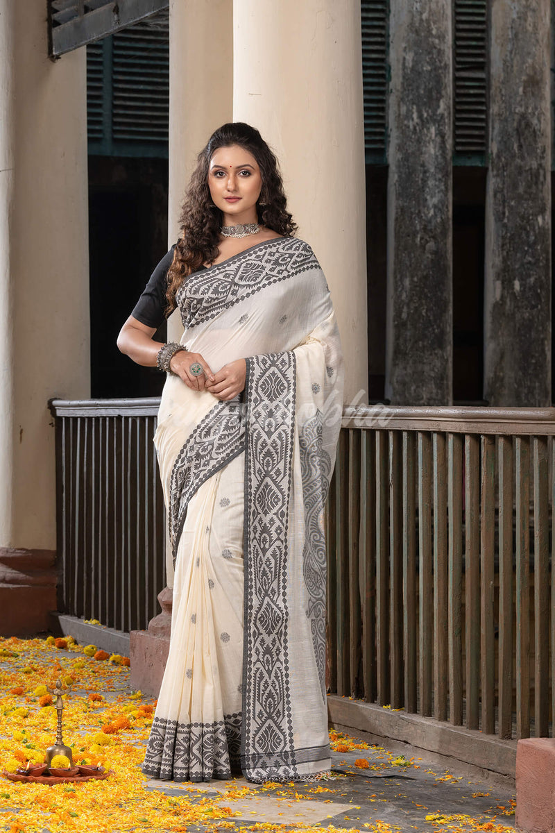 White Cotton All Body Buti Black Jacquard Border With Pallu Handloom Saree