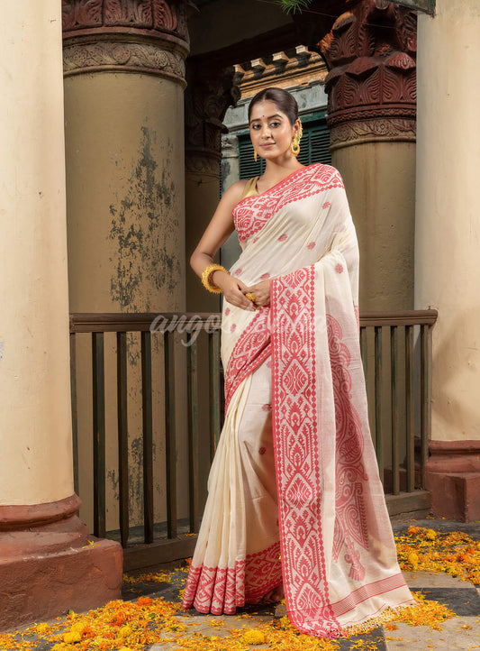 White Cotton All Body Buti Red Jacquard Border with Pallu Handloom Saree