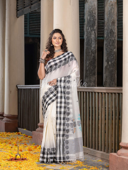 White Cotton All Body Buti with Pallu Multi Color Border Jamdani Saree