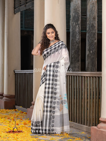 White Cotton All Body Buti with Pallu Multi Color Border Jamdani Saree