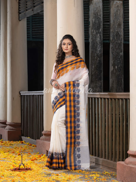 White Cotton All Body Buti With Pallu Multi Colour Border Jamdani Saree