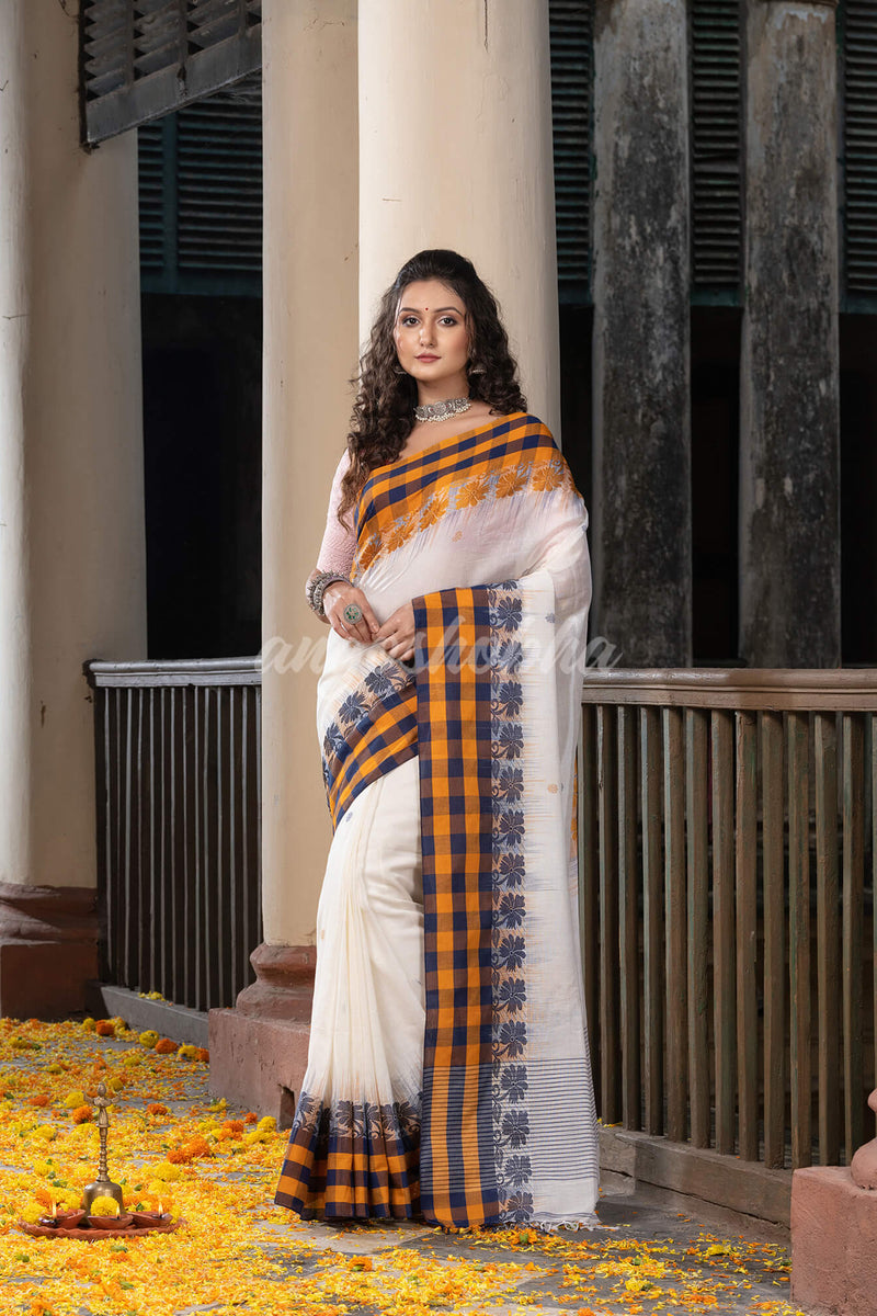 White Cotton All Body Buti With Pallu Multi Colour Border Jamdani Saree