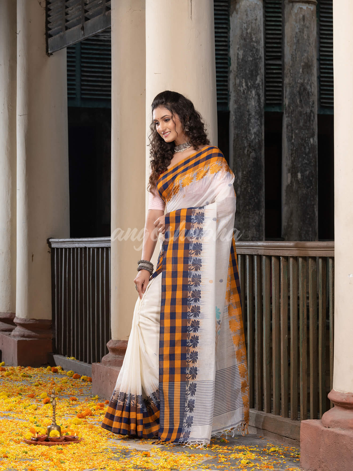 White Cotton All Body Buti With Pallu Multi Colour Border Jamdani Saree